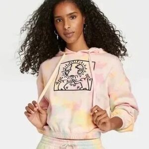 Keith Haring Cropped Hoodie Tie Dye Graphic Sweatshirt Size M